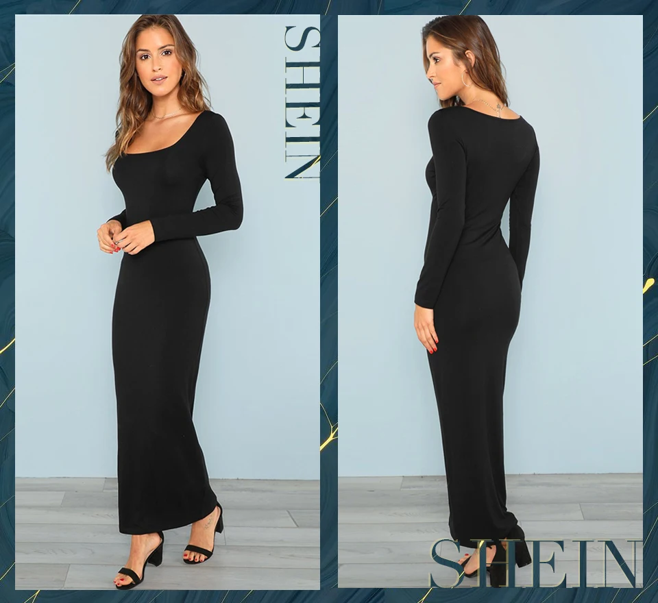 SHEIN Длинное Облегающее Платье С Глубоким Вырезом, Трикотажное Длинное Платье С Длинными Рукавами
