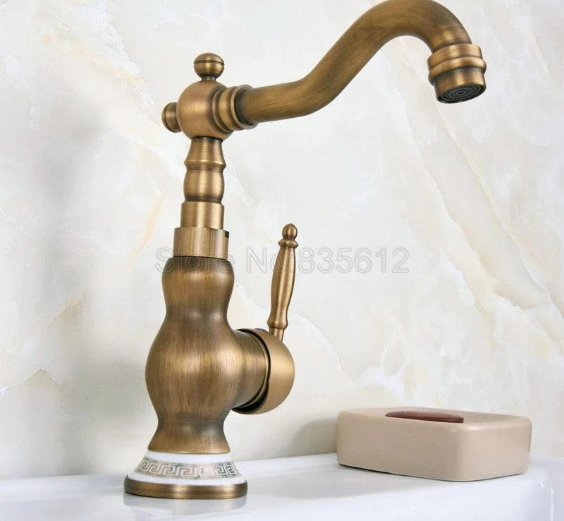 

Antique Brass Swivel Spout Bathroom Faucet Wash Basin Mixer Sink Faucets Deck Mount Cold &Hot Water Mixer Tap Wnf612