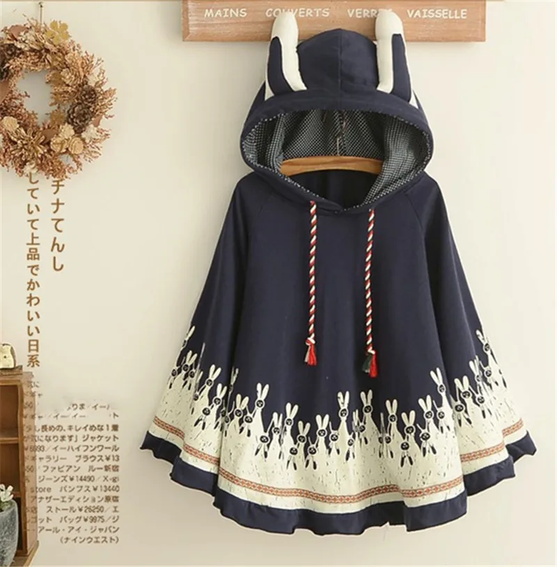 navy blue Японская накидка с капюшоном для девочек; сезон зима-весна; накидка с заячьими ушками и бархатной подкладкой; короткое пальто для школьников; пончо с капюшоном; пальто - Цвет: navy blue