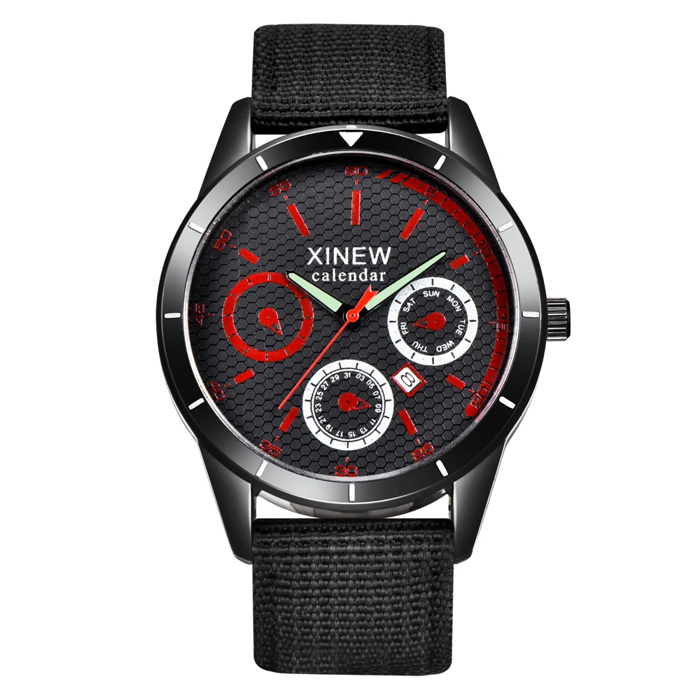 

XINEW Brand Original Watches Men Nylon Strap Casual Calendar Quartz Wrist Watch Black Nouveau Montre Homme de Marque Mode 2018
