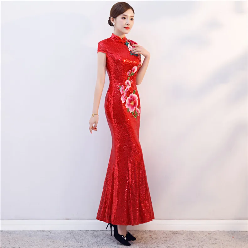 Светильник голубое платье Cheongsam Восточный для женщин Свадебные короткий рукав