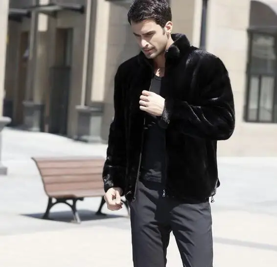 Мужская кожаная куртка с воротником стойкой из искусственного меха норки теплое