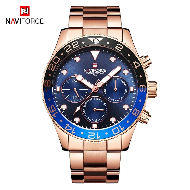 Rose Gold Blue Мужские часы naviforce Топ бренд класса люкс Бизнес Кварцевые часы для мужчин s полная сталь военные часы водонепроницаемые наручные часы Relogio - Цвет: Rose Gold Blue