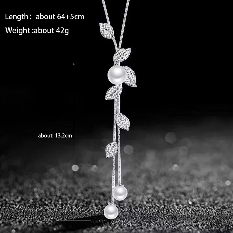JZTOP Crystal Flower Leaves Pendant Long Necklace Simulated Pearl Tassel Sweater Chain Bijoux Silver Color Collier Jewelry Gift | Украшения