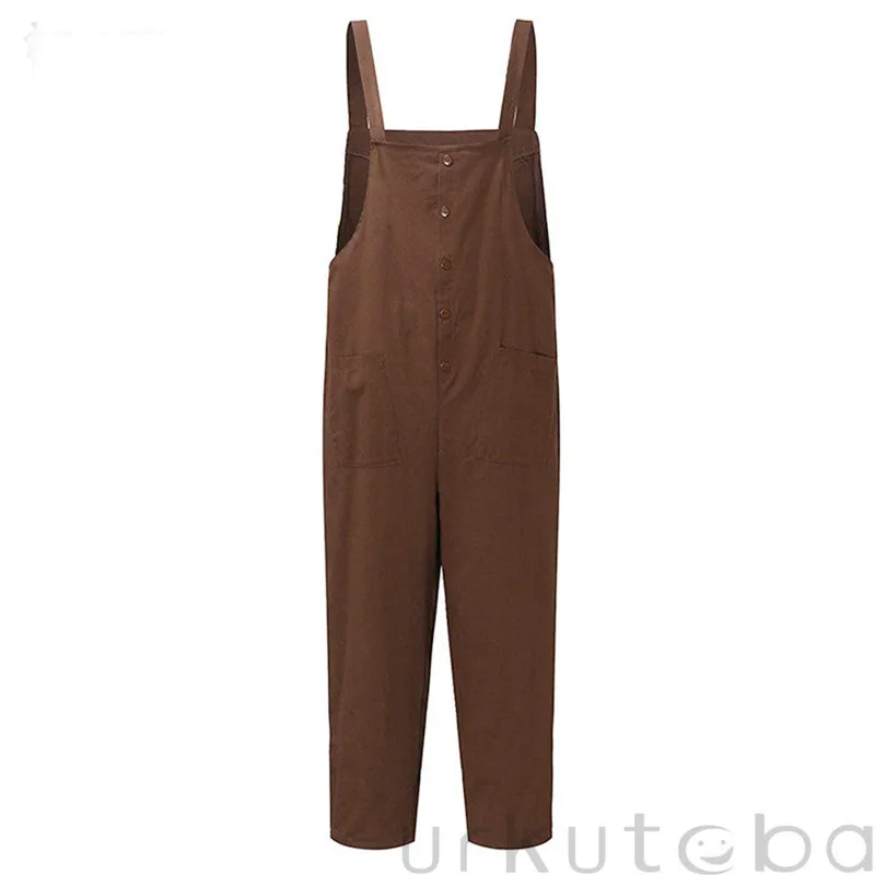 

Trendy Women clothes Casual Loose Linen solid sleeveless Cotton Jumpsuit pocket Button Strap Rompers one pieces