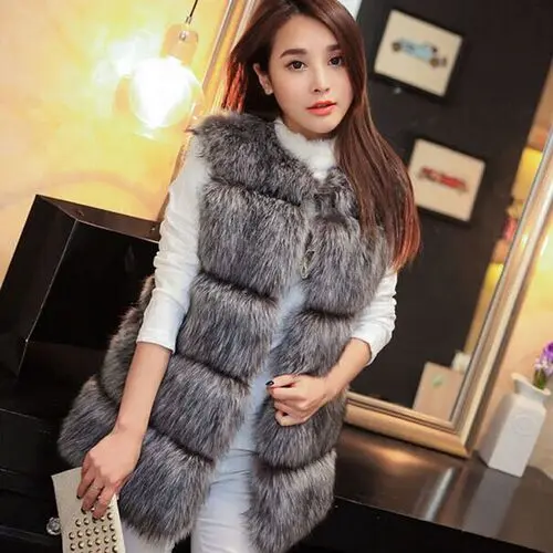 silver wide strips Uppin S-4XL женский меховой жилет Новинка года зима теплая из искусственного лисьего меха женские высокие Класс Мода o-образным вырезом с длинным мехом пальто кардиган - Цвет: silver wide strips
