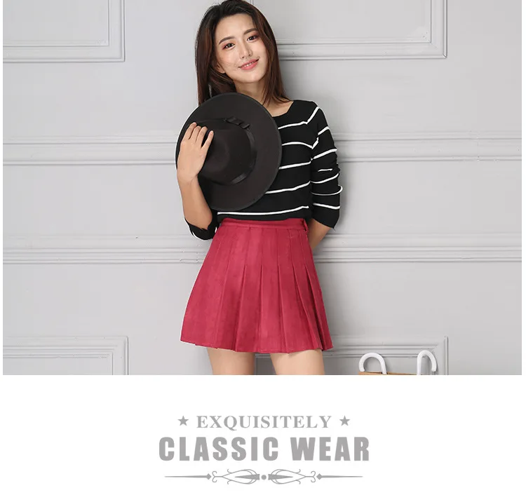 Autumn Winter Female Suede Faux High Waist Midi School Skirts Japanese Mini Pleated Leather Skirt Girls