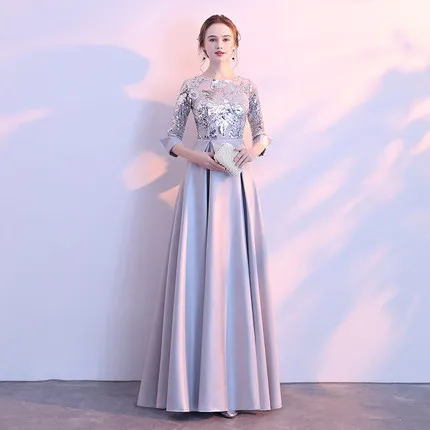 silver gray long Это YiiYa коктейльные платья, элегантные вечерние платья до колен с круглым вырезом, расшитые блестками, королевское торжественное платье на молнии сзади, E406 - Цвет: silver gray long
