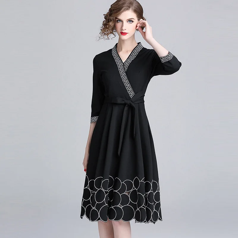 2019 New Black Runway A-line Work Wear Office Dress Womens Ladies Elegant V-neck Embroidery Embroidered Round Belt Dresses | Женская