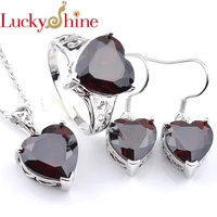luckyshine 3pcs women ring earrings pendants bridal set red love heart cubic zirconia gems silver necklaces xmas gift set