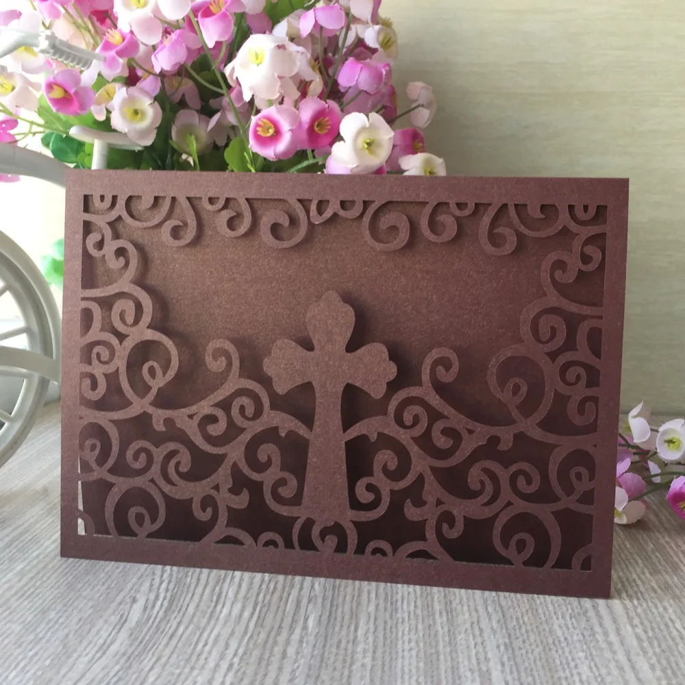 

40Pcs New Laser Cut Pearl paper Wedding Party Birthday invitation cards Cross Design Christening & Baptism Blessing card