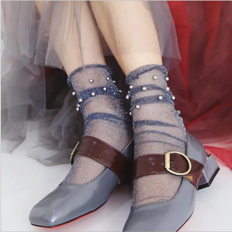 Блестящие сетчатые женские носки с серебряными бусинами модные короткие