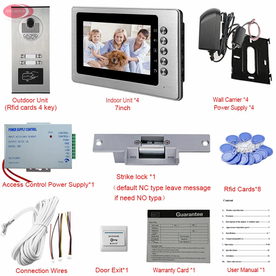 7'' Video Intercom Video Call on The Door of The Apartment Videophone 4 monitors RFID Access Outdoor Camera Electric Strike Lock