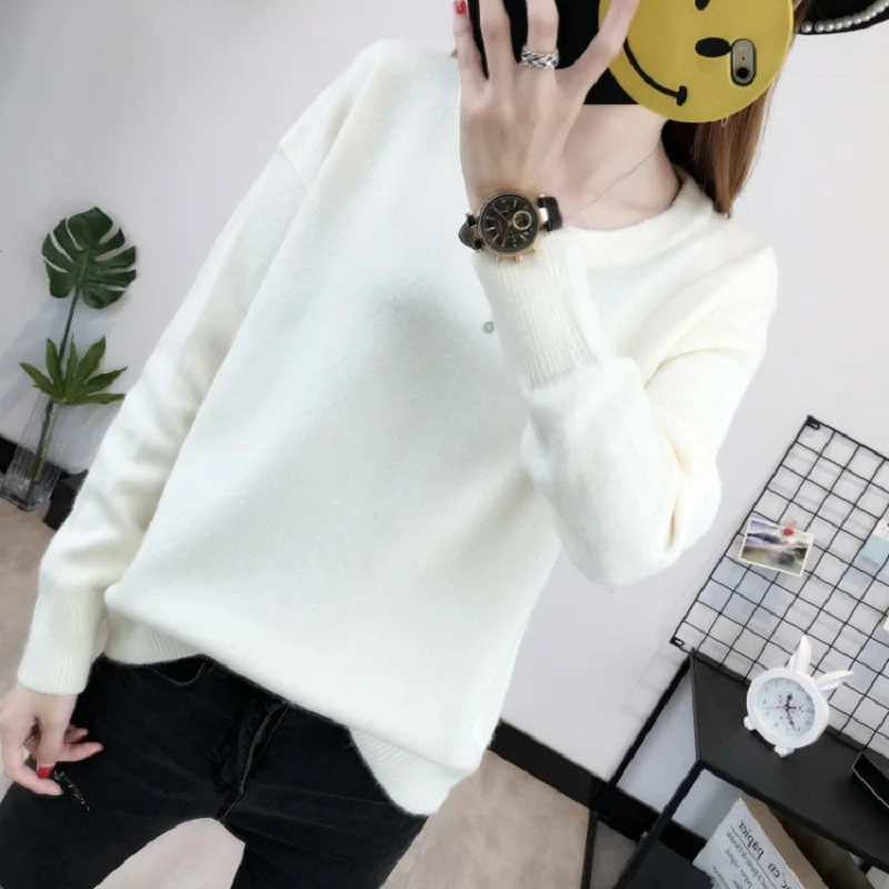 Autumn Winter Fashion Women's Sweater and Pullover Knit Long Sleeve Round Neck Elastic Women Thick Warm Loose Tops Solid Color | Женская