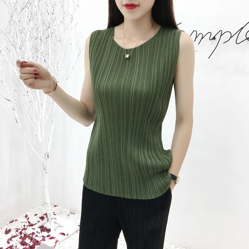 Green tea LANMREM летняя модная новая плиссированная одежда для женщин, универсальная эластичная футболка без рукавов с круглым воротником, Женская Повседневная футболка YH435 - Цвет: Green tea