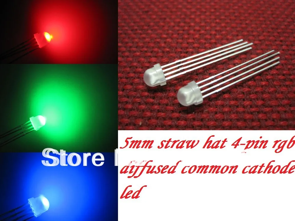 

100pcs 5mm Straw Hat 4-Pin diffused Tri-Color RGB Common cathode Red Green Blue LED Leds free shipping 5mm StrawHat 4Pin RGB