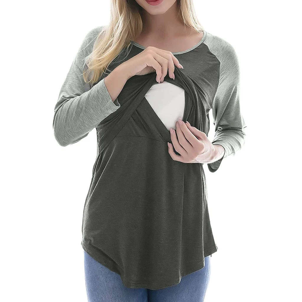 Maternity Womens Nursing Splice Long Sleeve Round Neck Breastfeeding Blouse Breastfeeding T-shirt Nursing Clothes for Women 2022