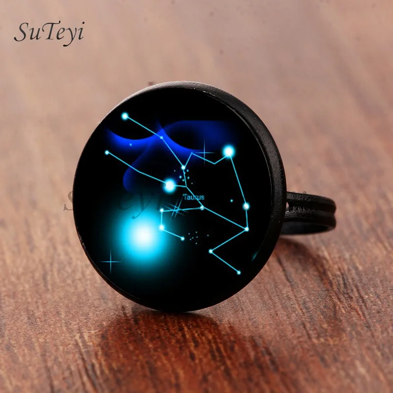 SUTEYI Ретро 12 кольцо созвездия DIY Овен, Телец Стрелец Gemimi Кристалл Кольца круглая картина под стеклом подарок ювелирные изделия - Цвет основного камня: black  Taurus