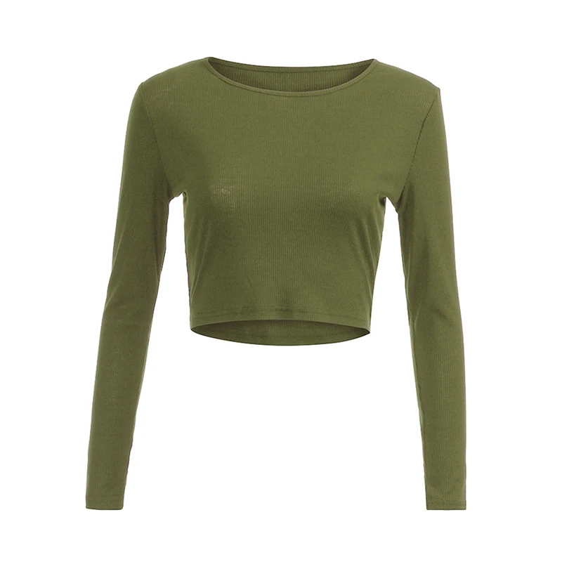 Женская трикотажная футболка с длинным рукавом однотонная Повседневная в