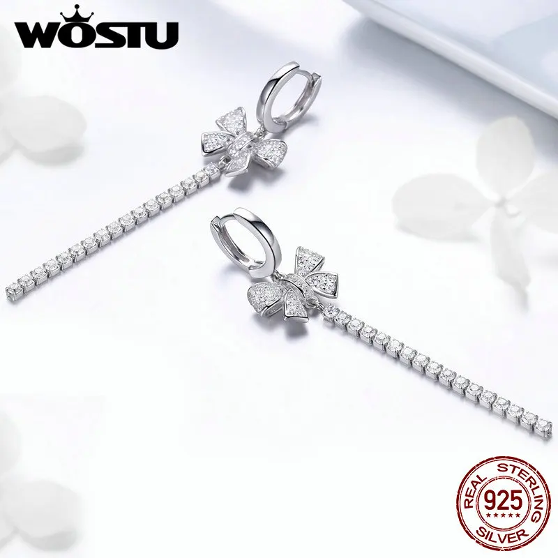 WOSTU брендовые Оригинальные 925 пробы серебряные Сияющие серьги-капли с милым бантом для женщин и девушек, ювелирные изделия, Рождественский подарок CQE462