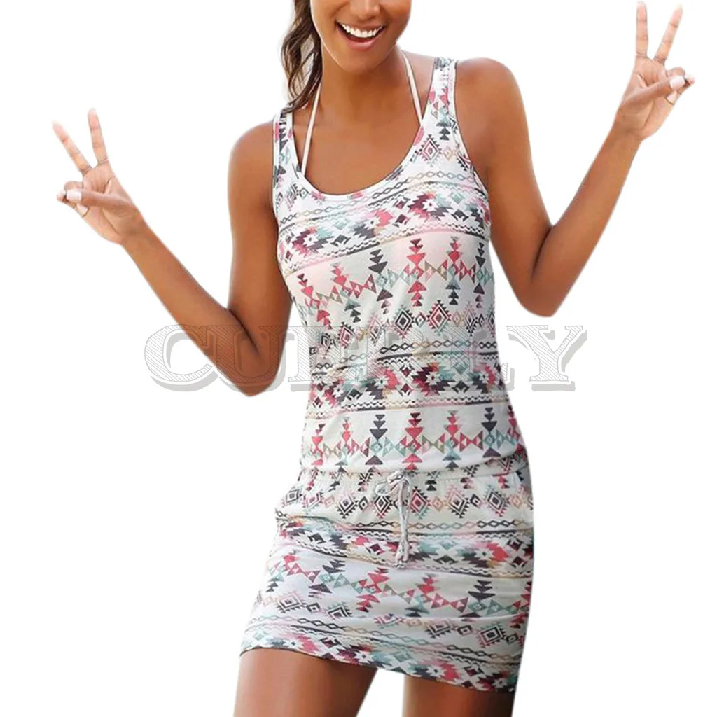 Women Sleeveless Beach Dress Multicolor Printed Pockets Casual Dresses Ladies Tie Waist O Neck Short Tanks #EP | Женская одежда