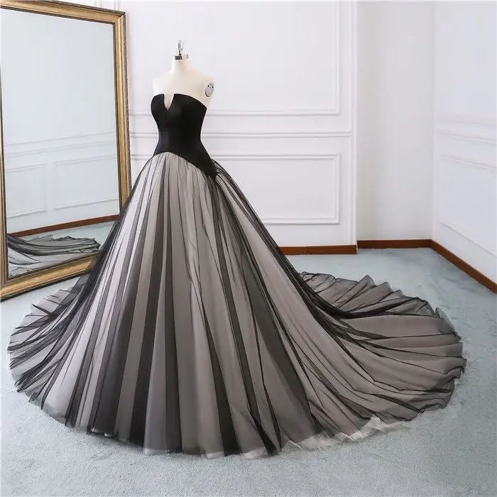 Феи Черный без бретелек v образным вырезом атласная Vestidos De Novia спинки Тюль бальное