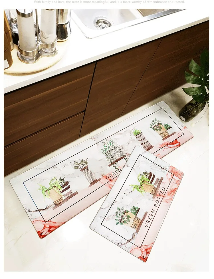 PVC Leather Rubber Kitchen Rugs Blue Cactus Flower Carpets Washable Non-slip Hallway Mat Durable Comfort Anti Fatigue Rug Runner