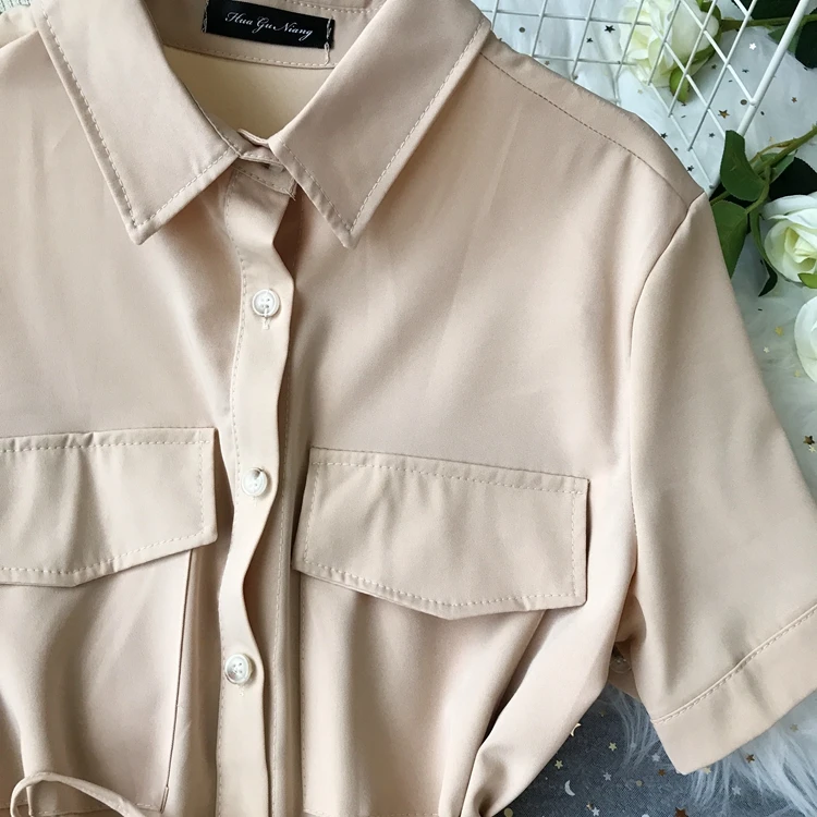 

2019 new fashion women's dresses Ruffled Summer Short Sleeve Double Pocket Single Breasted Lace Up Waist Dress