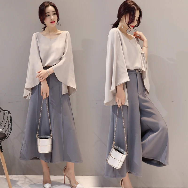 

Set female 2019 spring sent new temperament casual speaker sleeve chiffon clothes + wide leg pants casual large size two-piece