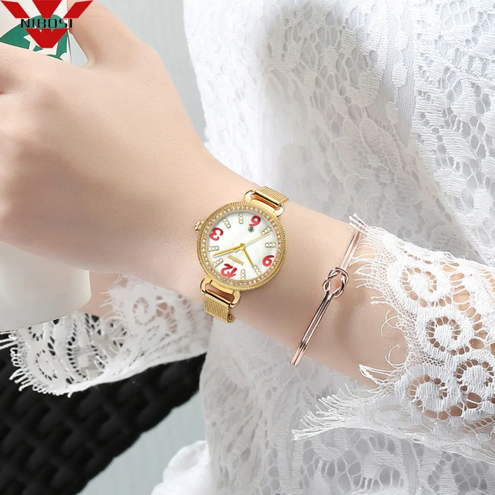

NIBOIS New Fashion Women Stainless Steel Gold Mesh Watch Unique Simple Watches Casual Quartz Wristwatches Clock Women Watches