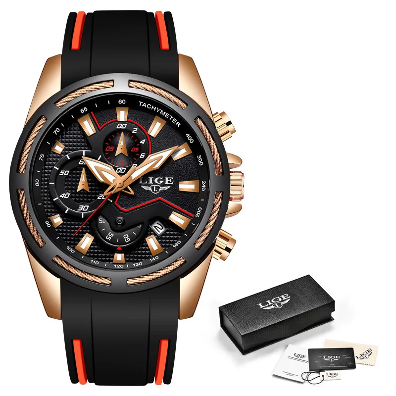 Rose gold black Relogio Masculino LIGE, новые спортивные часы для мужчин, модные брендовые Роскошные водонепроницаемые военные мужские наручные часы, силиконовые Серебристые кварцевые часы - Цвет: Rose gold black