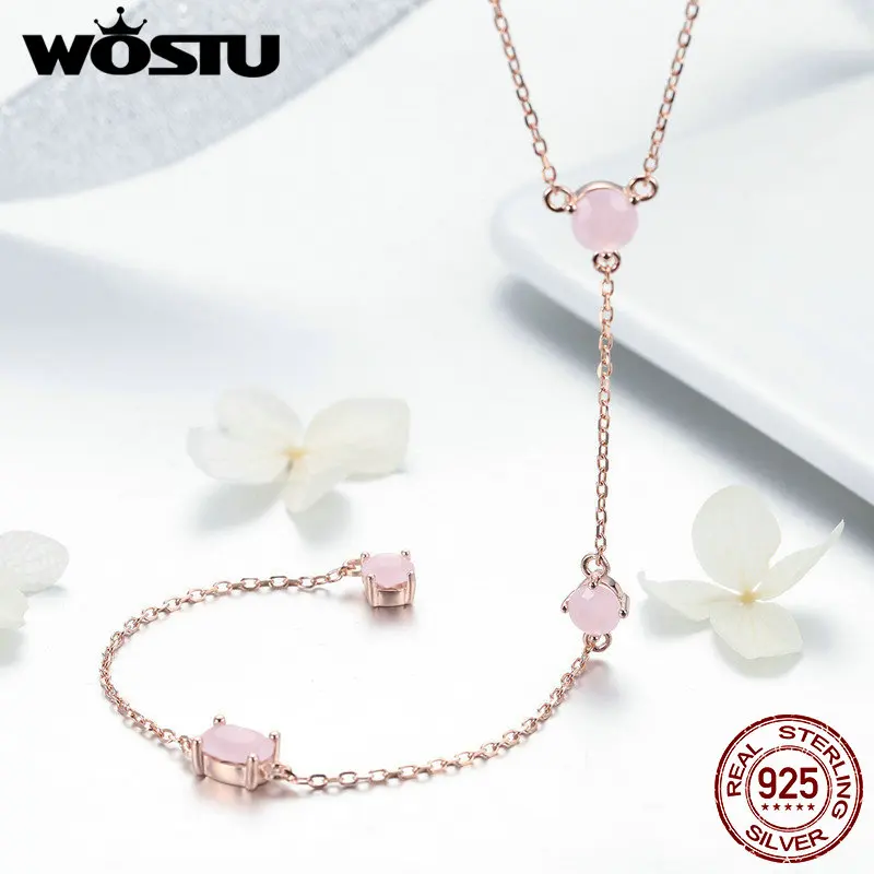 WOSTU, новинка, 925 пробы, серебряные, розовые цепи с каменными подвесками, ожерелья для женщин, уникальные романтические ювелирные аксессуары, подарок DXN306