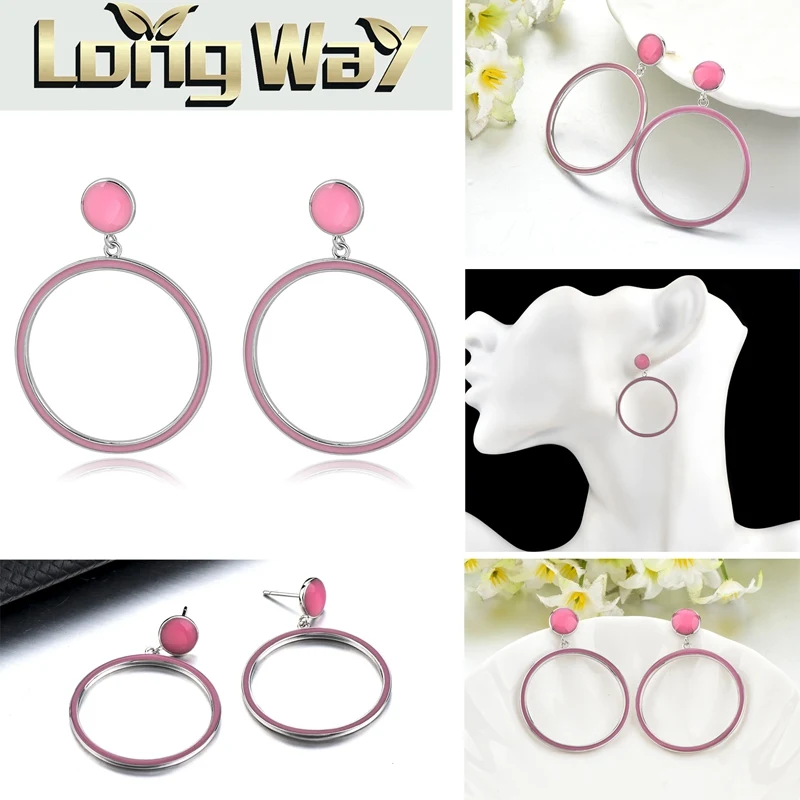

LongWay 2019 Fashion Jewelry Vintage Earring Pink Circle Earrings For Girl for Women Crystal Wedding Earrings SER170007
