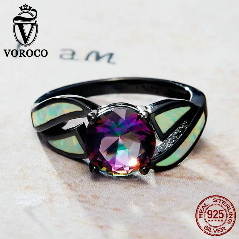 VOROCO натуральный 100% Аутентичные 925 Серебряные кольца Роскошные стекло и опал