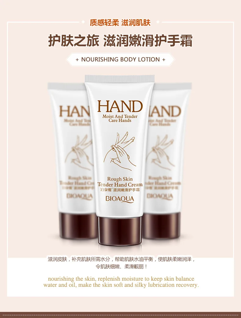 50pcs/lotBIOAQUA Brand Hand Cream Anti Chapping Moisturizing Hand Lotion Soft Firming Skin Care for Winter 60g