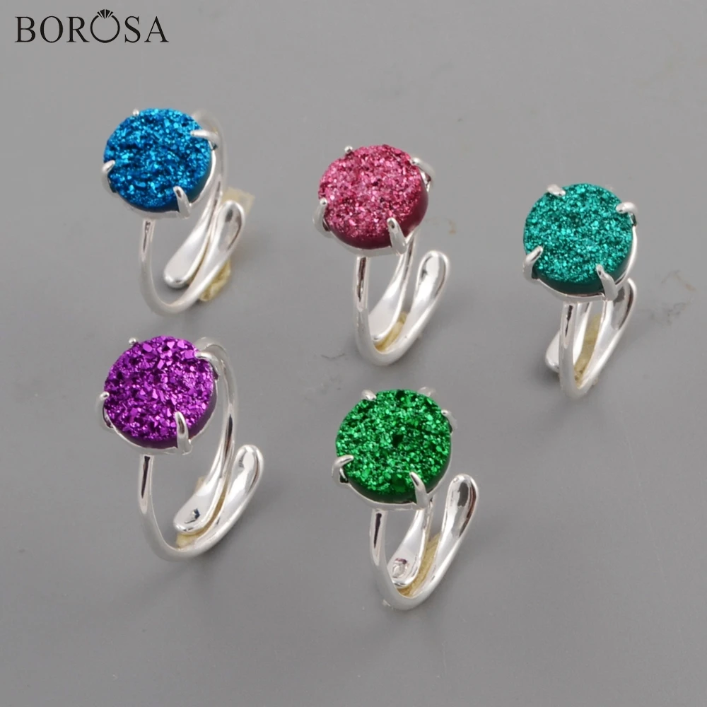 

BOROSA Drusy Rings 5PCS Silver Plated 10mm Round Natural Agates Druzy Titanium Rainbow Drusy Adjustable Ring for Lady ZS0414