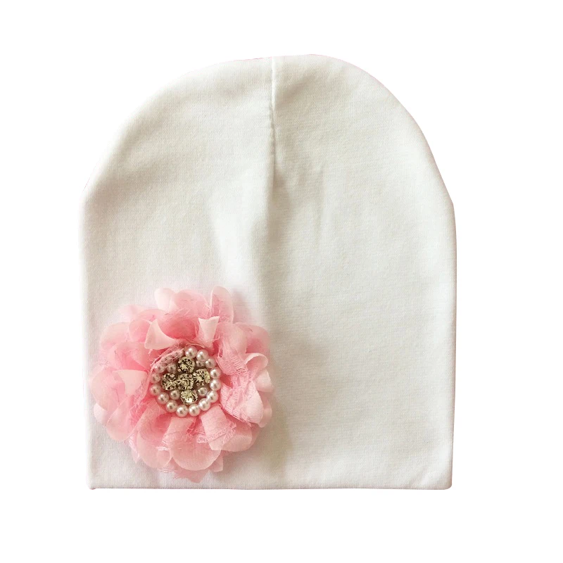 white hat pink flowe Детская зимняя шапка, детская хлопковая шапка с цветочным рисунком для маленьких девочек, детская шапка с цветочным рисунком, Детские аксессуары - Цвет: white hat pink flowe