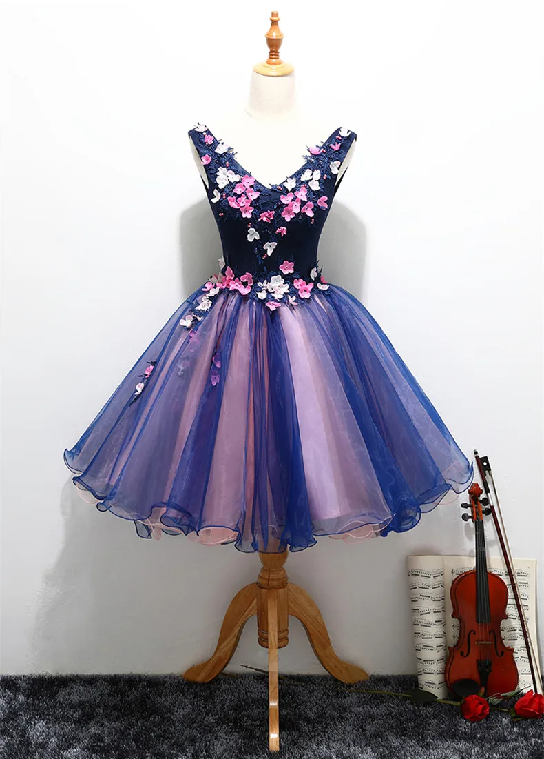 Женское вечернее платье роскошное Короткое Темно синее кружевное с аппликацией