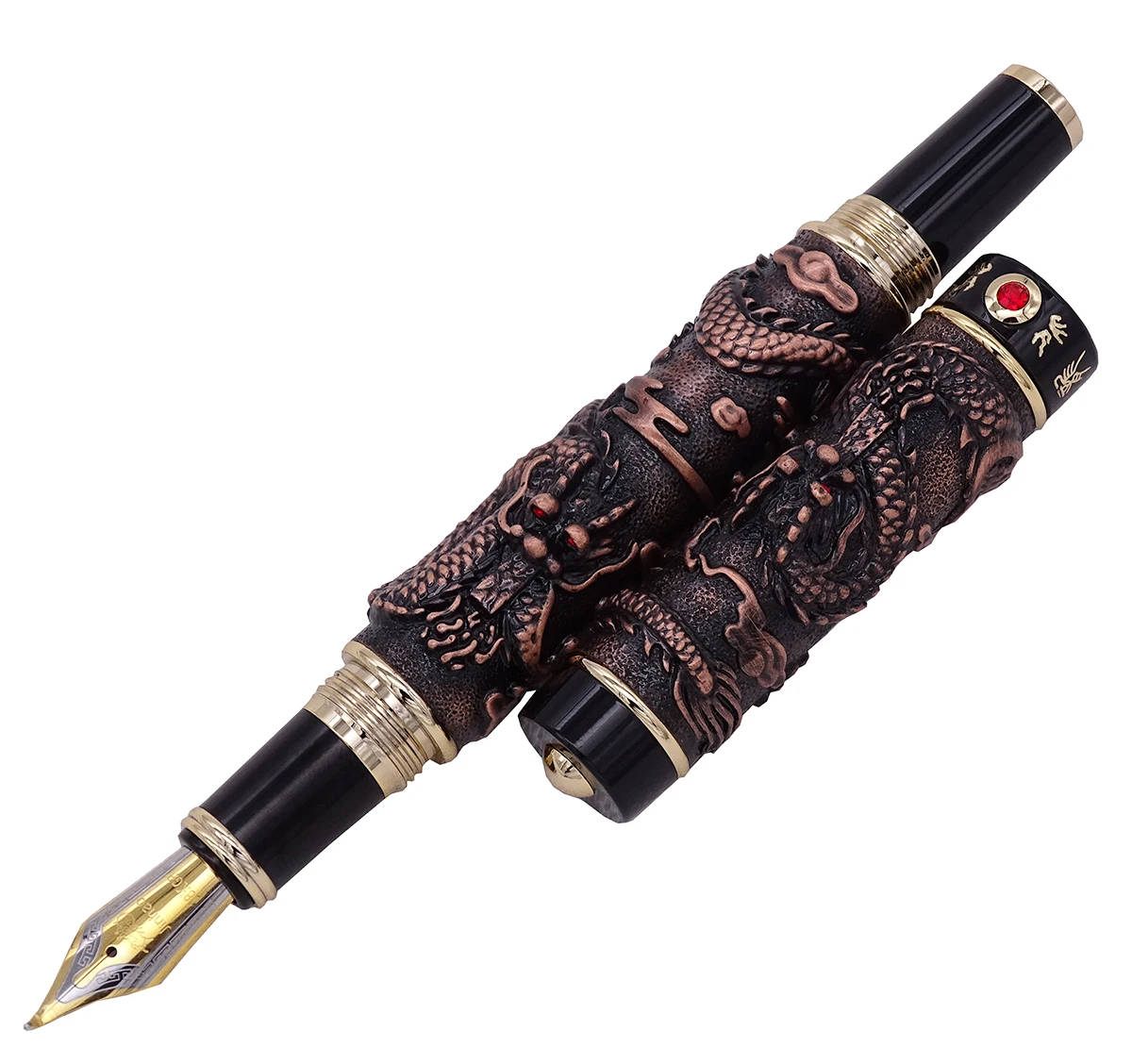 Винтажная красная медная перьевая ручка Jinhao двойной дракон каллиграфия перо Fude