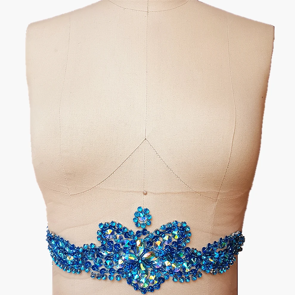 

Креативная ручная вышивка бисером синяя аппликация нашивка ручной работы с Стразы 9x30 мм для свадебного платья на талии бюст украшение