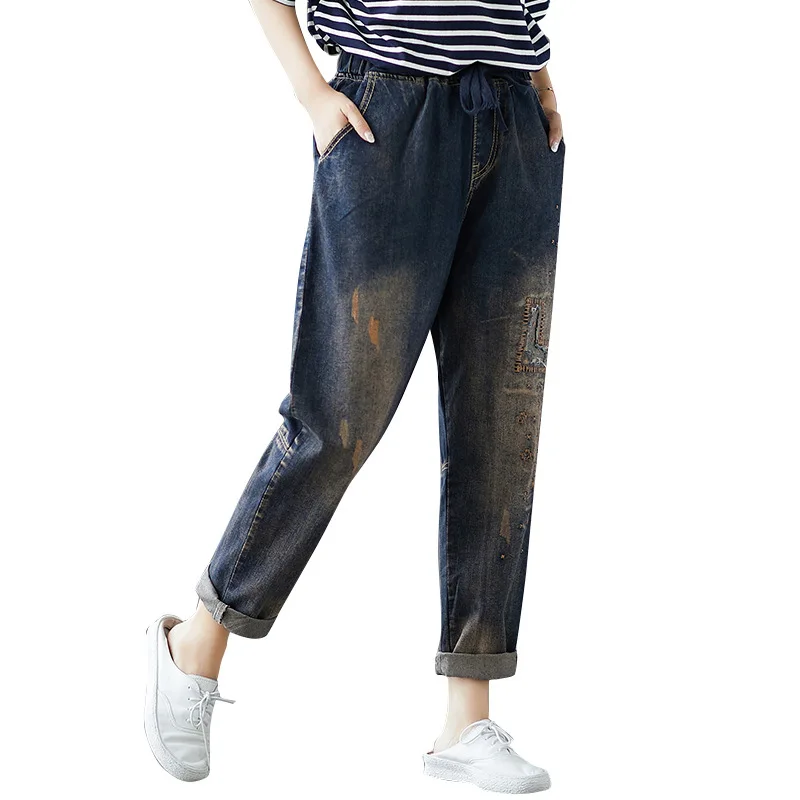 Осенне-весенние женские свободные с вышивкой винтажные джинсы эластичной