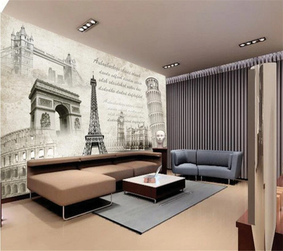 Обои на заказ европейская архитектура Эйфелева башня Париж Нотр Дам бульдог