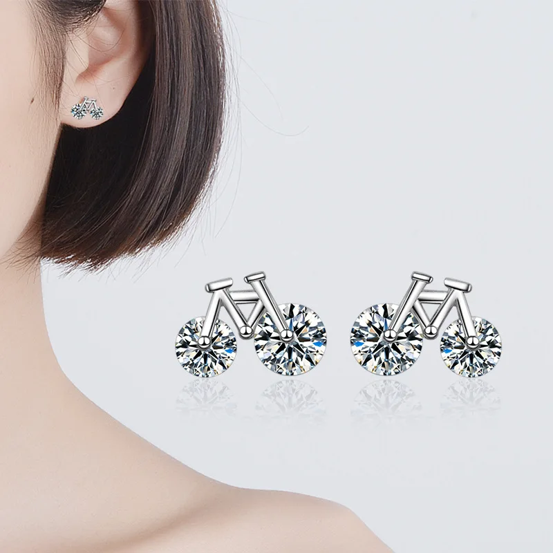 

100% 925 sterling silver fashion Bicycle crystal women stud earrings jewelry female wedding gift 2019 new arrival no fade gift