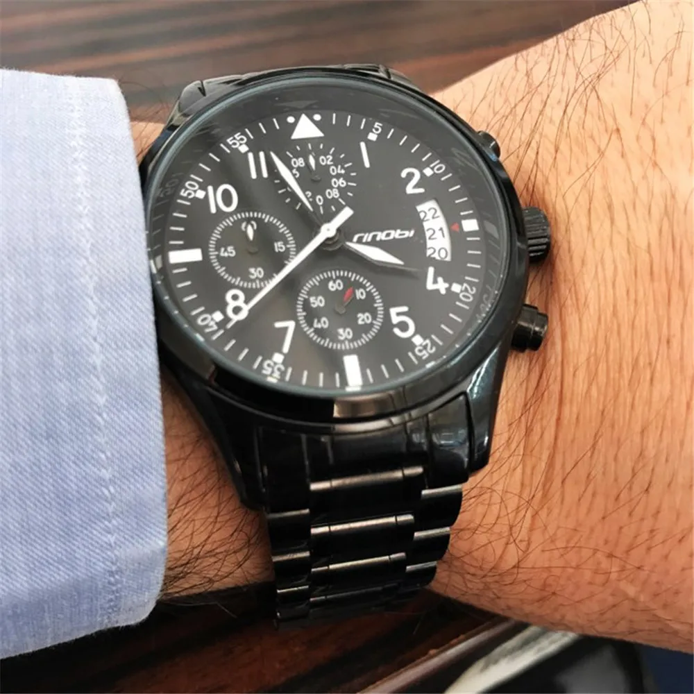 SINOBI Brand Men Watches Mens Pilot Chronograph Quartz Wristwatches Man Luxury Waterproof Watch Male Steel Clock reloj hombre | Наручные