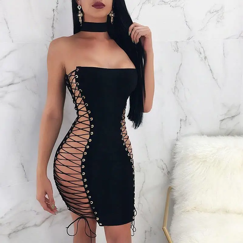 Летние пикантные с открытыми плечами сбоку Criss Cross бинты Для женщин платья Bodycon