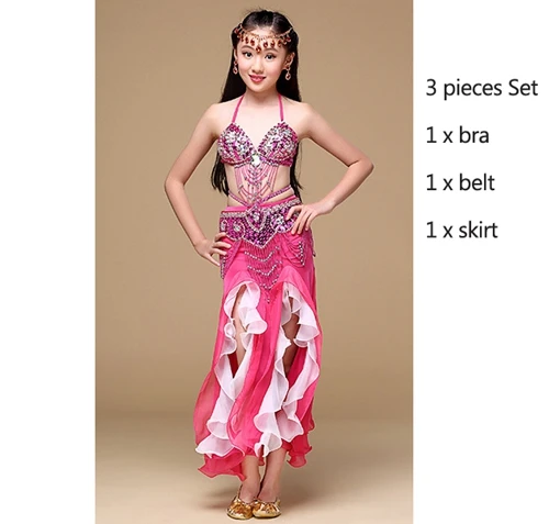 Fuchsia bra belt ski Новейшая одежда для восточных танцев живота для сцены комплект из 3 предметов Бюстгальтер Пояс юбка Детский костюм для танца живота для девочек - Цвет: Fuchsia bra belt ski