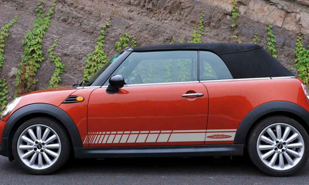 2pcs Car Door Side Skirt JCW Decal Stickers Racing Stripes Decoration For MINI John Cooper Works R56 R58 R59 F57 F56 Hatchback