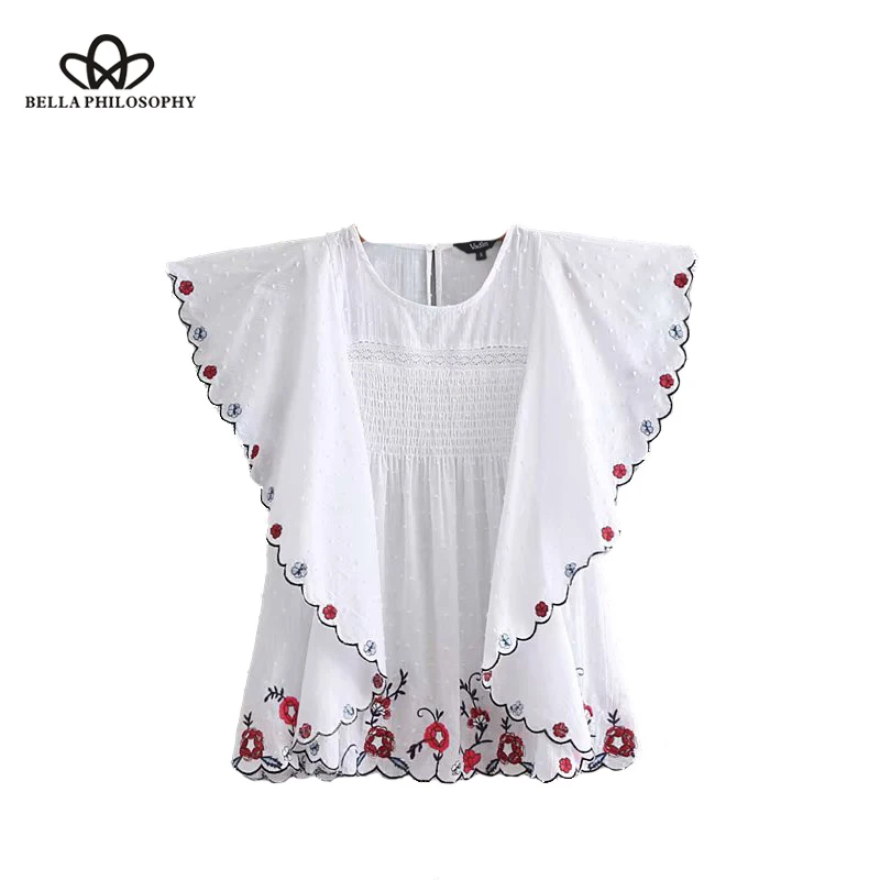 

Bella Philosophy ruffles floral embroidery blouse lace patchwork sleeveless pleated shirts summer ladies casual tops blusas