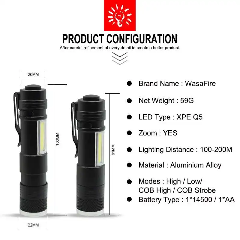 Wasafire 2000 люмен XPE Q5 + COB светодиодный мини фонарик Мощный карманный фонарь с зумом 4