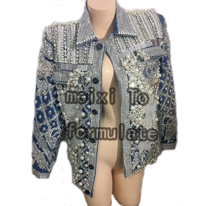 Синяя джинсовая куртка Стразы с жемчугом для ночного клуба концерта певицы